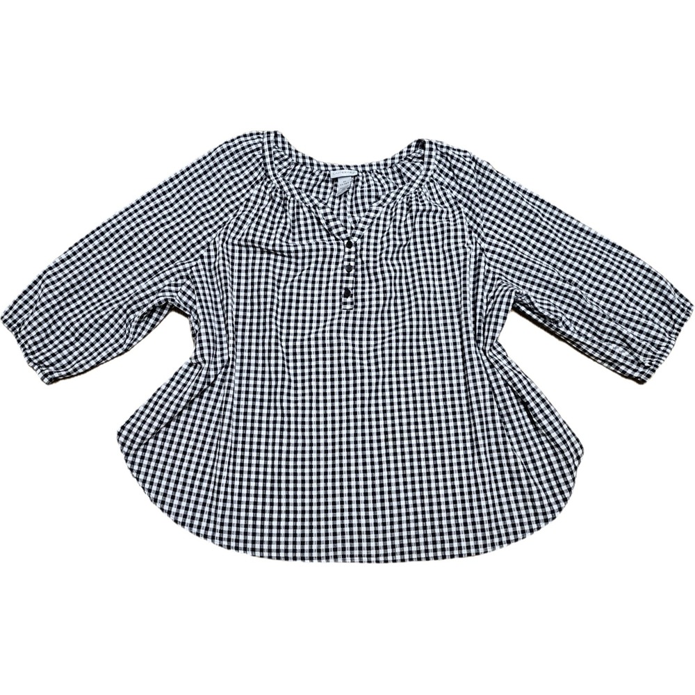 Catherines 3X Black & White Gingham Plaid Popover Henley Top Preppy Career